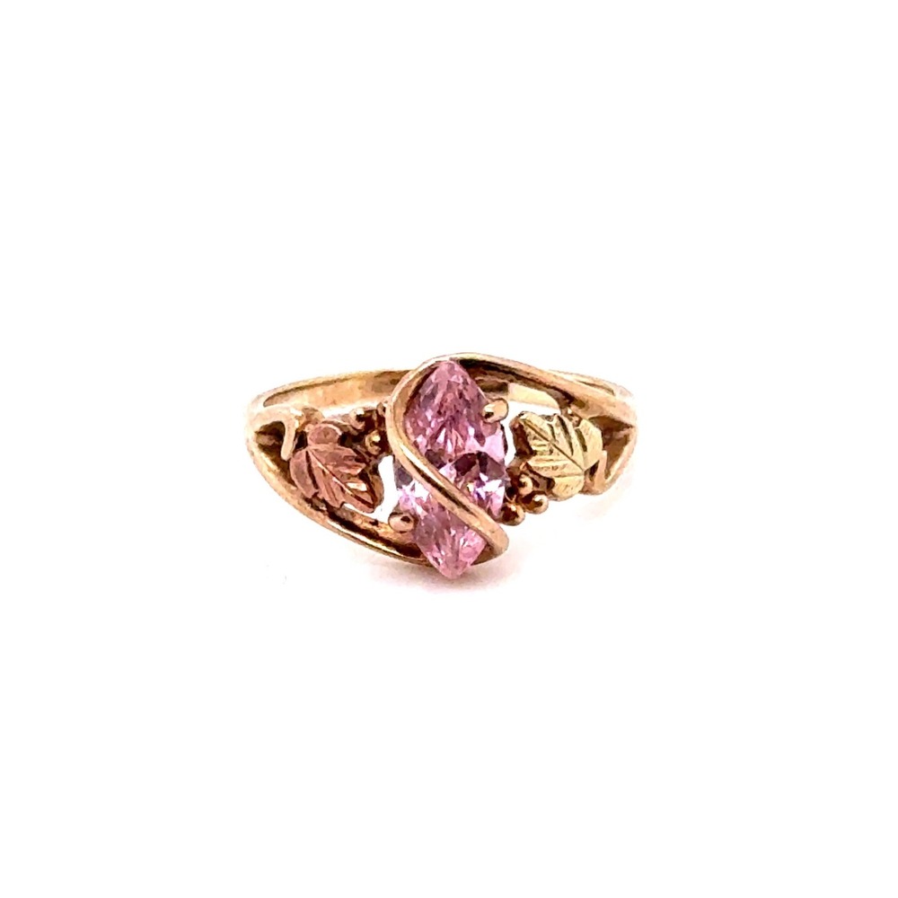 10k Black Hills Gold Pink Marquise Stone Ring Tri-Color Leaf Design Size 6 2.7g